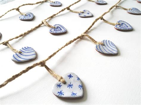 Ceramic 5 Heart Garland Boho Handmade Gift For Her Coastal Decor Blue