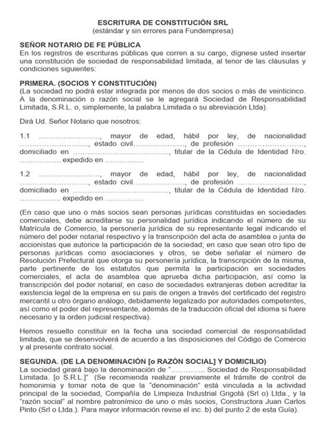 Escritura De Constitución Srl Pdf Sociedad De Responsabilidad