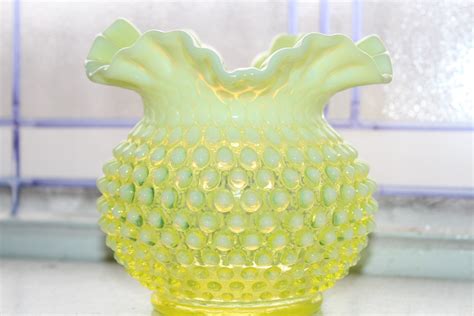 Large Fenton Yellow Vaseline Glass Hobnail Vase With Ruffled Rim