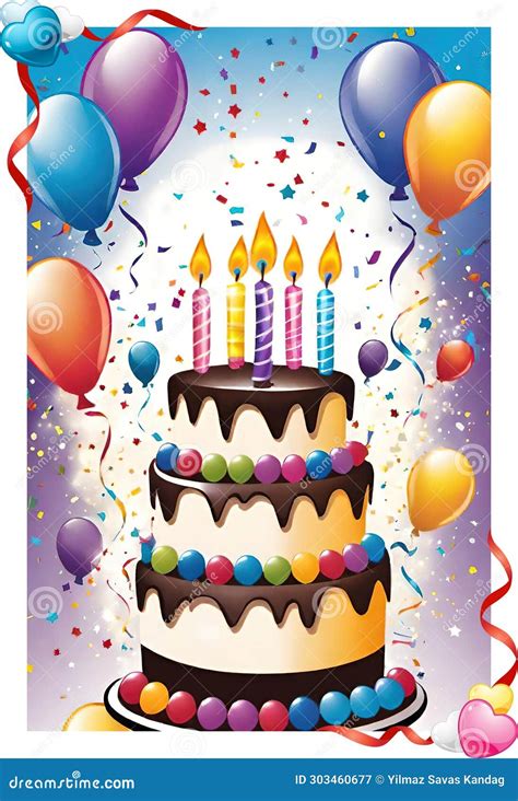 Birthday Card with Cake and Balloons on Background. Stock Illustration ...