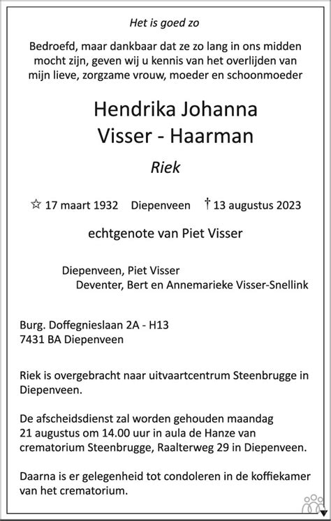 Hendrika Johanna Riek Visser Haarman Overlijdensbericht En