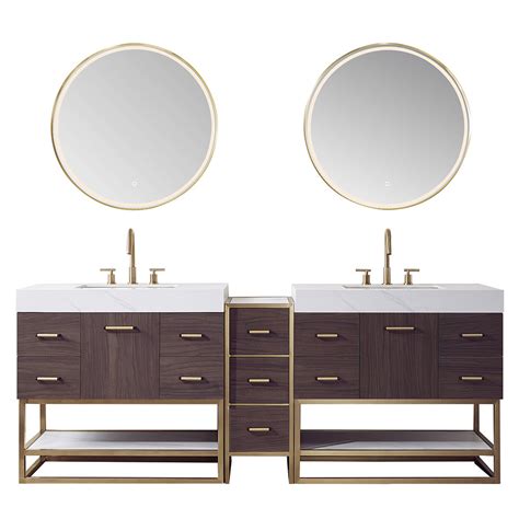 Double Sink Bath Vanity In Dark Walnut With White Sintered Stone Top