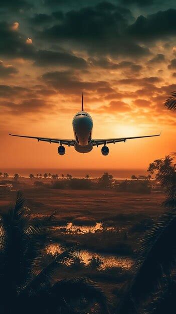 Premium AI Image | A plane flying toward the sunset