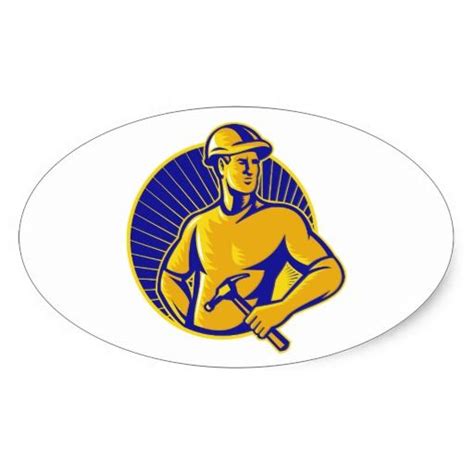 Carpenter Wearing Hardhat With Hammer Retro Oval Sticker