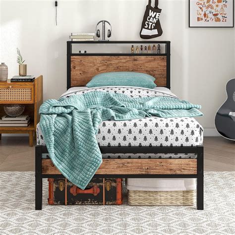 BOFENG Metal Bed Frame Twin Size With 2 Tier Storage Wooden Headboard