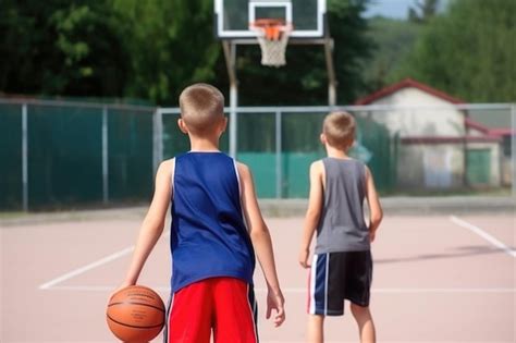 Vista Trasera De Dos Ni Os Jugando Baloncesto En Una Cancha Deportiva