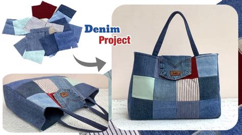 Sewing Diy A Denim Tote Bag Multi Pockets Tutorial Tote Bag Patternsdiy Denim Patchwork Tote