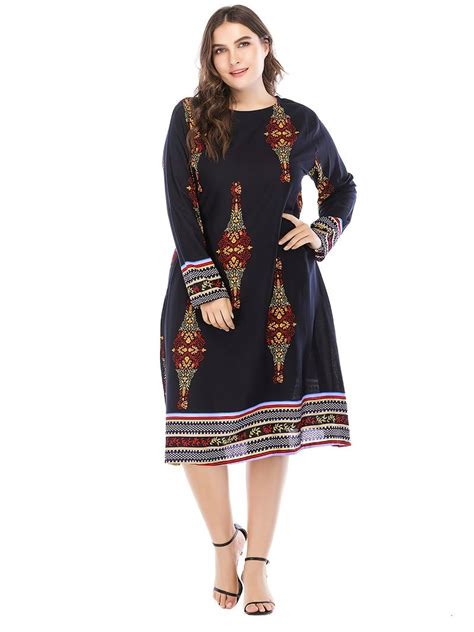 Plus Size Ethnic Print Round Neck Loose Fit Maxi Dress Womens Plus