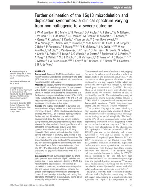 Pdf Further Delineation Of The 15q13 Microdeletion And Duplication