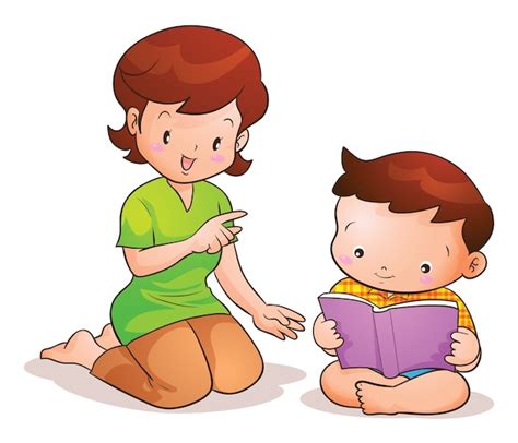 Mamá enseña a hijo libro de lectura Vector Premium