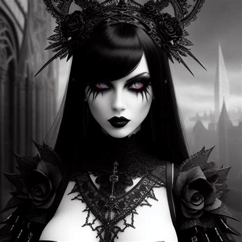 A Woman With Long Black Hair And Red Eyes Wearing Gothic Garb In Front