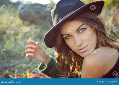 Charming Girl Wearing Black Hat With Naked Stock Image Image Of