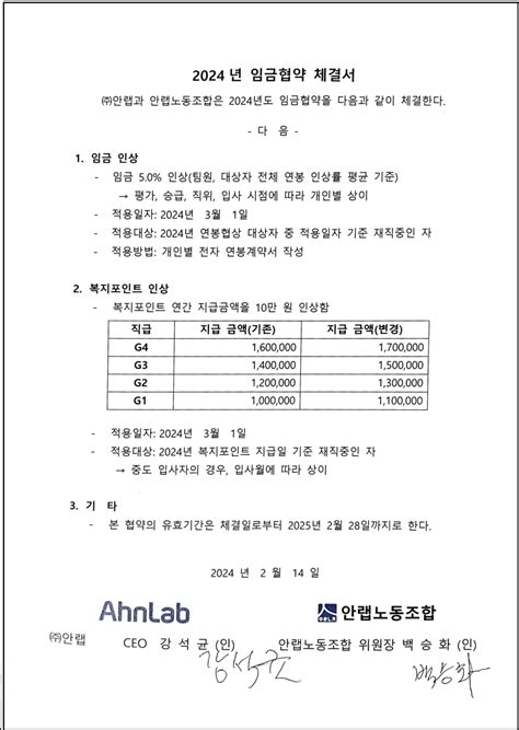 안내 2024년 안랩 노 사 임금협약 체결 ‣ 안랩노동조합