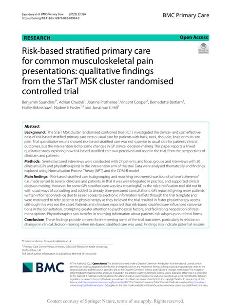 Pdf Risk Based Stratified Primary Care For Common Musculoskeletal