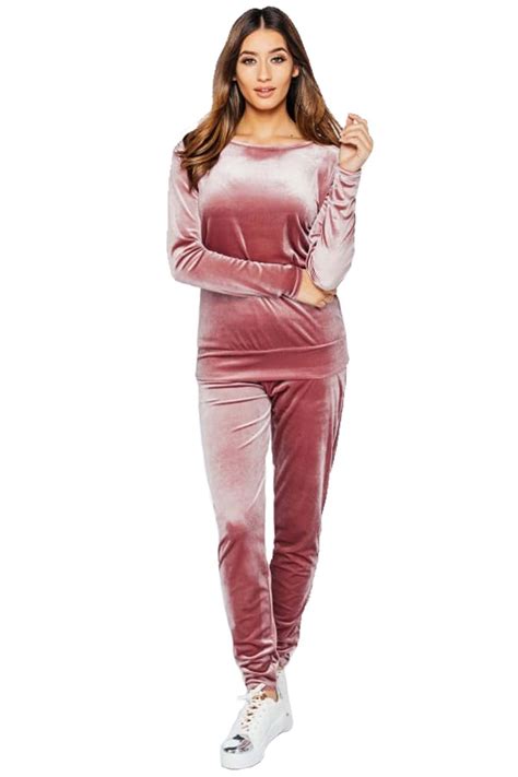 Womens Velvet Velour Lounge Wear Set 2 Piece Tracksuit Casual Top Joggers