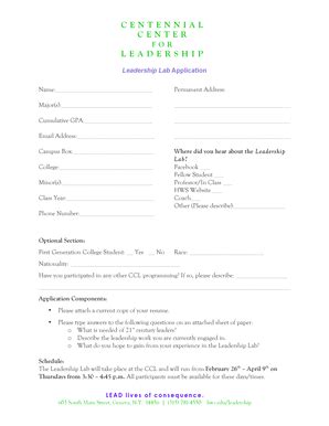 Fillable Online Hws Leadership Lab Application Hobart And William