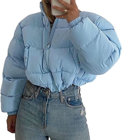 Pikadingnis Women S Winter Puffy Long Sleeves Zip Up Warm Cropped