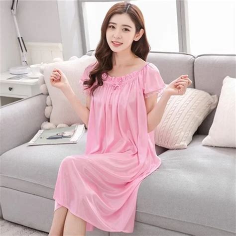 Summer Womens Solid Color Sleepshirt Home Clothing Lace Ice Silk Long