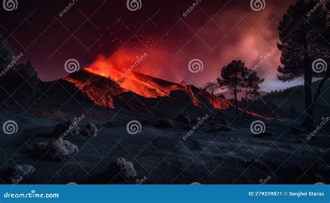 A Volcano Erupts Lava Into The Sky Generative AI Image Stock