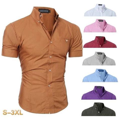 Buy Mens Summer Short Sleeve Shirts Solid Color Casual Button Down