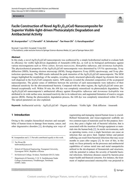 Facile Construction Of Novel Ag Er O Cuo Nanocomposite For Superior