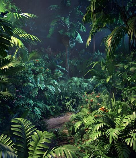 Tropical Jungle Path With Lush Greenery And Palm Trees Premium AI