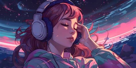 Premium Photo Beautiful Cute Anime Girl Floating In Space Listening To Music In Her Headphones