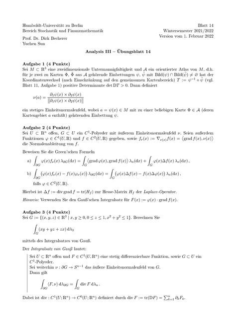 Analysis 3 Übungsblatt 2018 2019 Humboldt Universit at zu Berlin