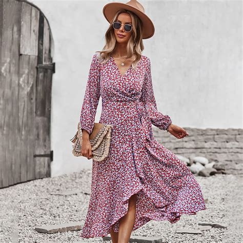 Jastie Bohemian Style Autumn Women Floral Dress V Neck Long Sleeve