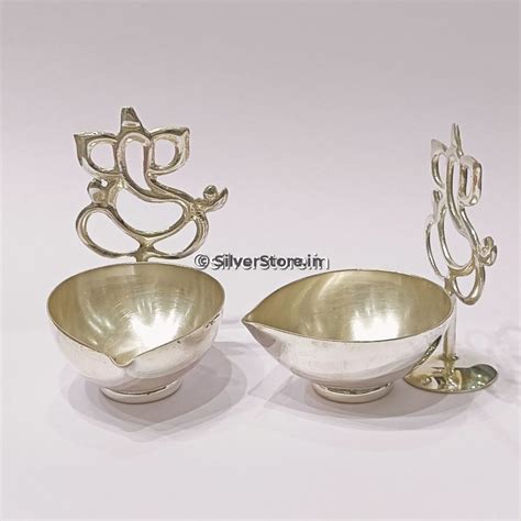 Silver Diya Ganesh Pattern 925 Silver Diya Pack Of 2