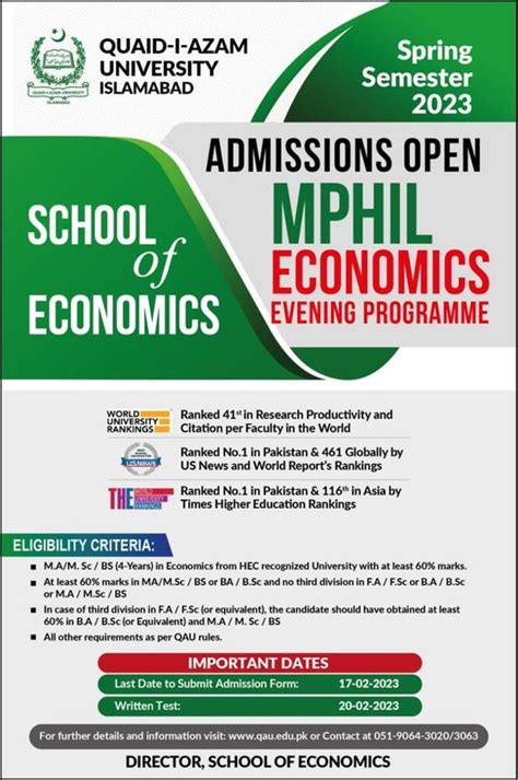 Admission Open of M.Phil Economics in Quaid-i-Azam University Islamabad ...