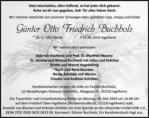 Traueranzeigen von Günter Otto Friedrich Buchholz vrm trauer de