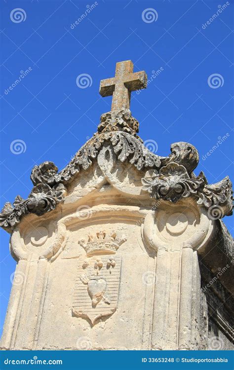 Tombstone With Cross Ornament At A French Cemetery Stock Photo Image