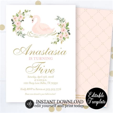 Swan Princess Birthday Invitation Template Editable Pink And Etsy