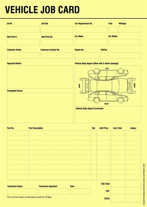 Buy Vehicle Service Repair Job Work Card Record Sheet For Car Service