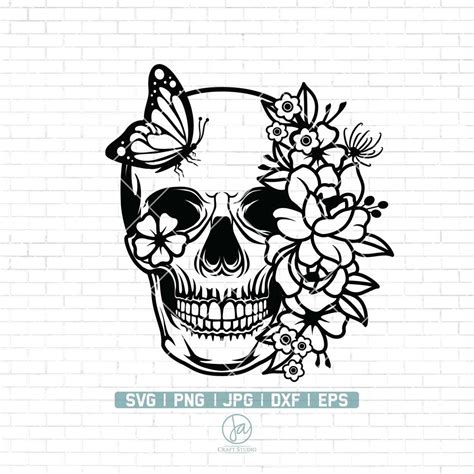 Skull Flower With Butterfly Svg Skull Svg Floral Skull Clipart Flower