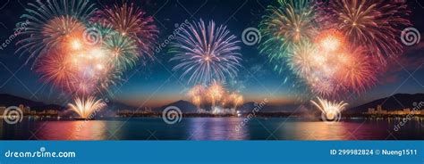 Vibrant Fireworks Illuminating The Velvety Night Sky Stock Illustration