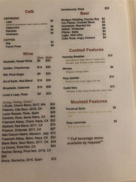 Menu At The Kentucky Castle Restaurant Usa