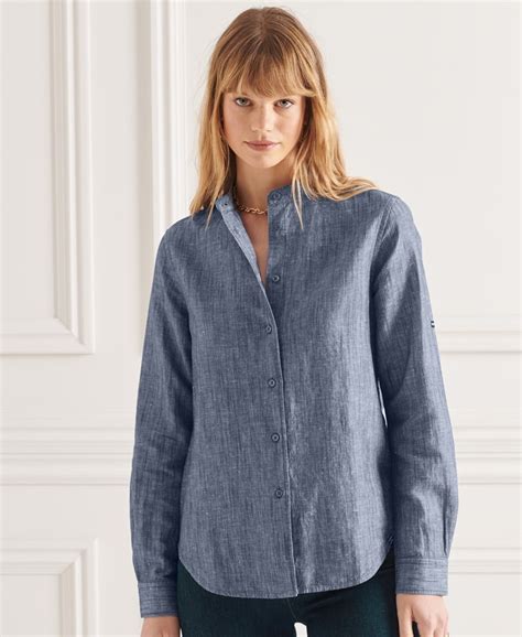 Womens Studios Linen Grandad Shirt In Midnight Superdry Uk