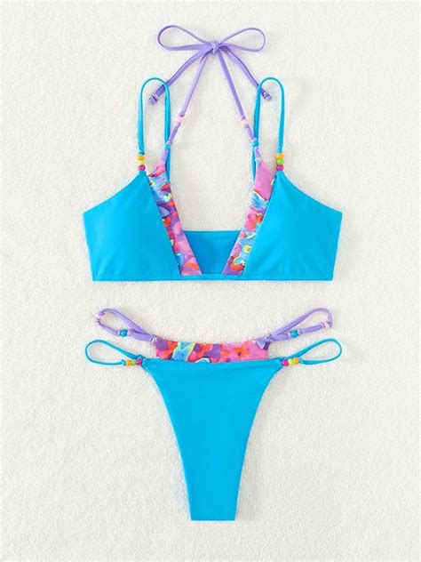 Emmiol Free Shipping 2023 Patchwork Floral Strappy Bikini Set Blue L In