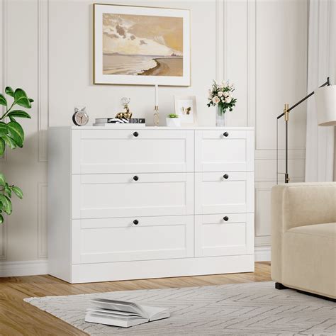 Homfa 6 Drawer White Double Dresser,Wood Storage Cabinet for Living ...