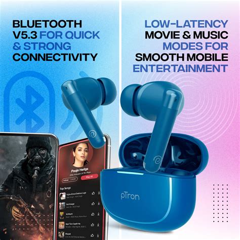 pTron Bassbuds Duo Pro TWS Earbuds with HD Mic (Blue) - pTron India