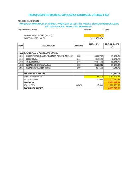 Presupuesto Referencial Con Gastos Generales RAFAEL JACOBI UDocz