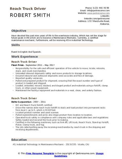 Reach Truck Driver Resume Samples Qwikresume