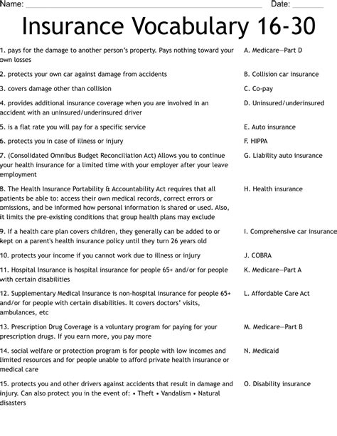 Insurance Vocabulary 16 30 Worksheet Wordmint