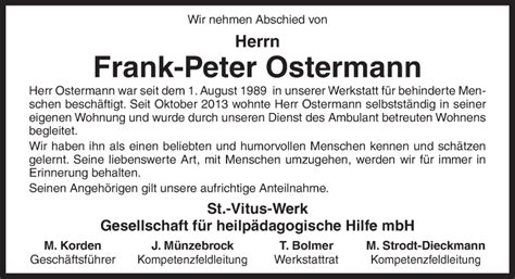 Traueranzeigen Von Frank Peter Ostermann Noz Trauerportal