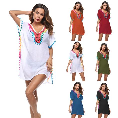 2018 Bikini Cover Ups Rayon Embroidery Beach Dress Kaftan Beach Tunics