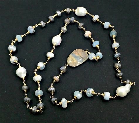 Aquamarine Labradorite Pearl Long Wire Wrapped Necklace Beaded