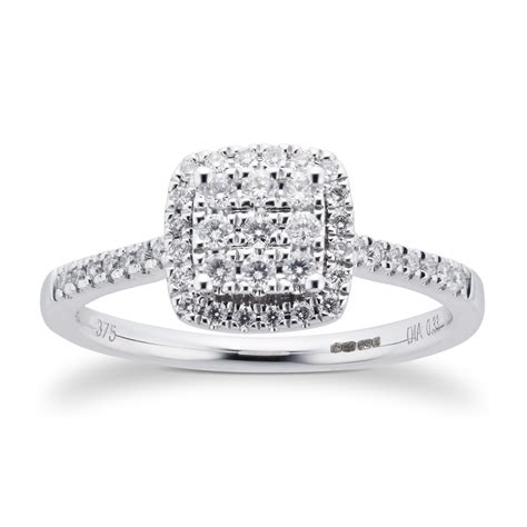 Goldsmiths 9ct White Gold Diamond Multi Stone Halo Cushion Cut Ring