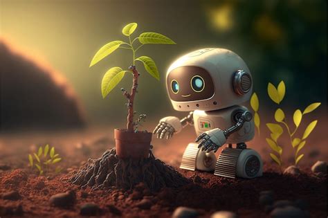 Dessin Anim Mignon Robot Plant Un Jeune Arbre Dans Le Sol